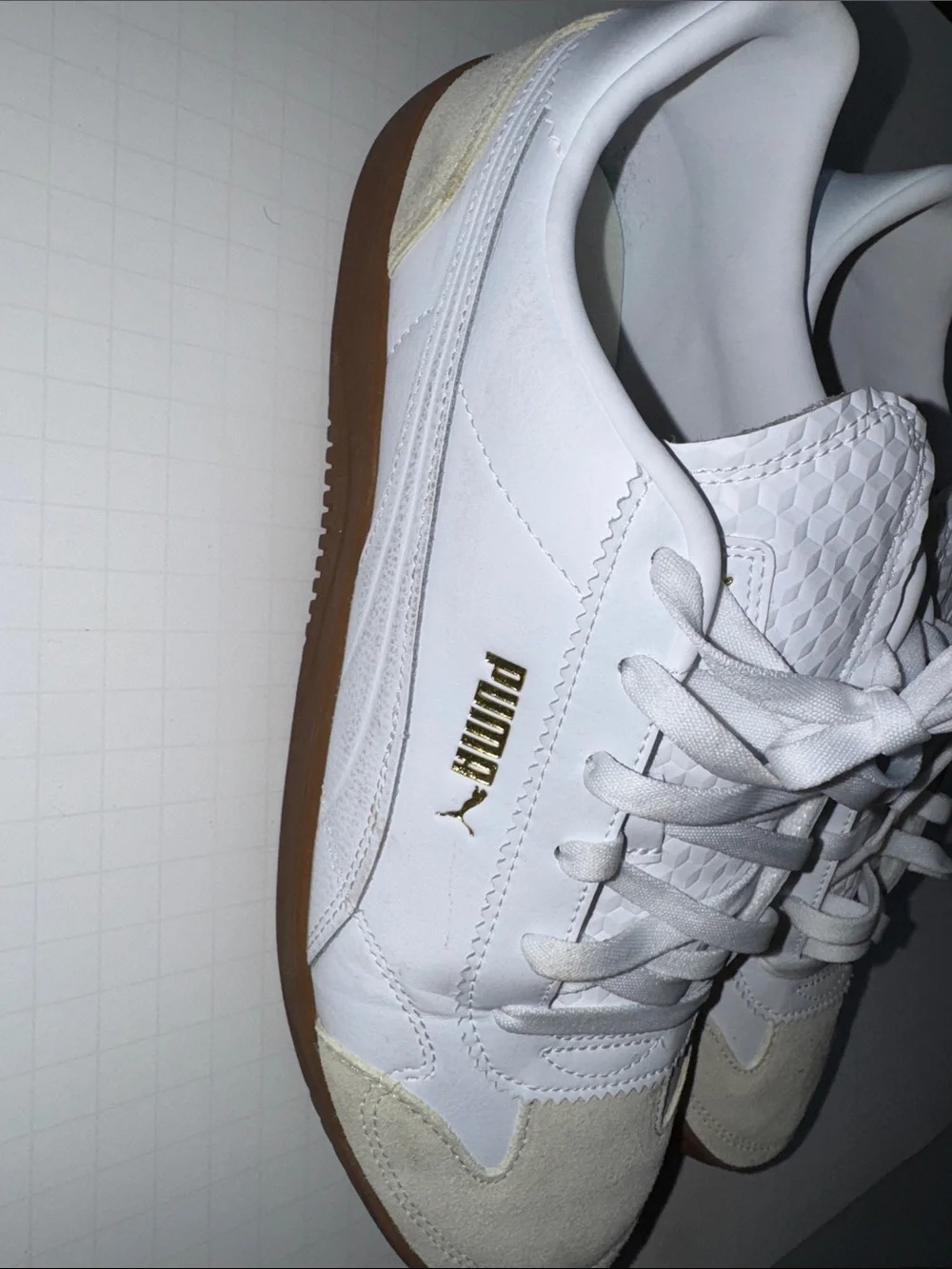Puma White Leather Sneakers with Brown Gum Sole